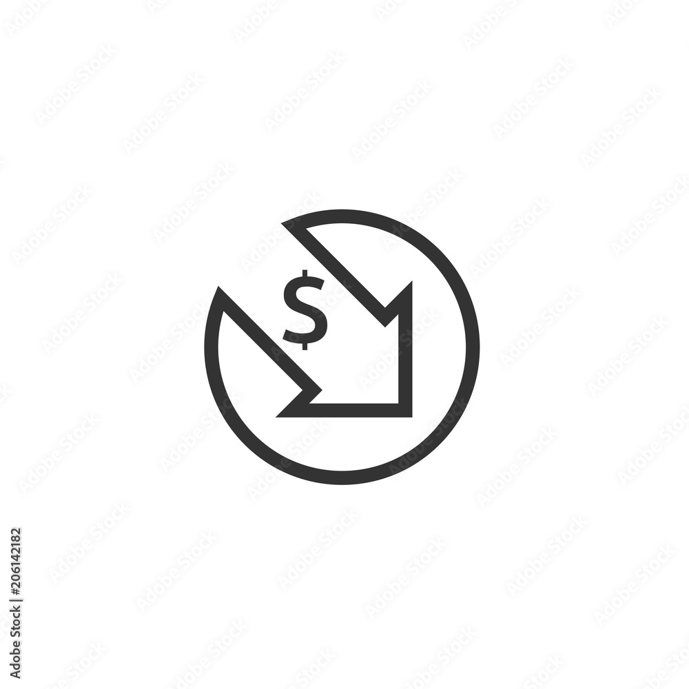 dollar decrease icon. Money symbol with arrow stretching rising drop fall down. Business cost reduction icon. vector illustration. dollar decrease icon. Money symbol with arrow stretching rising drop fall down. Business cost reduction icon. vector illustration.