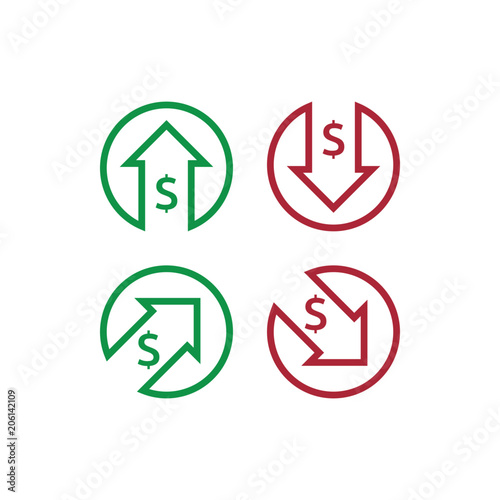 dollar increase decrease icon. Money symbol with arrow stretching rising up and drop fall down. Business cost sale and reduction icon. vector illustration.