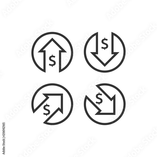 dollar increase decrease icon. Money symbol with arrow stretching rising up and drop fall down. Business cost sale and reduction icon. vector illustration.