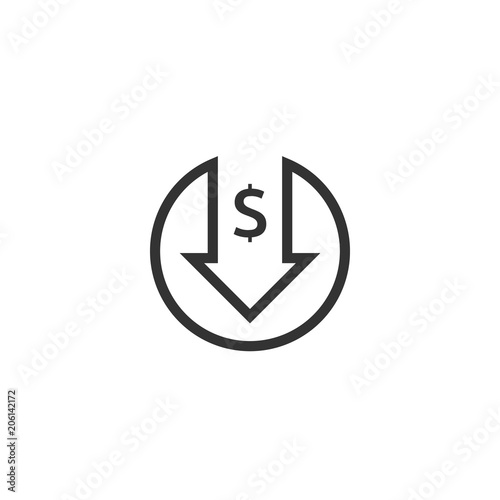 dollar decrease icon. Money symbol with arrow stretching rising drop fall down. Business cost reduction icon. vector illustration.