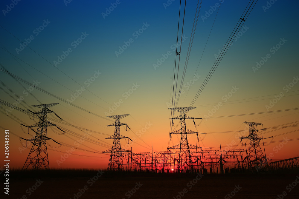 Pylon, high-voltage tower sky background.