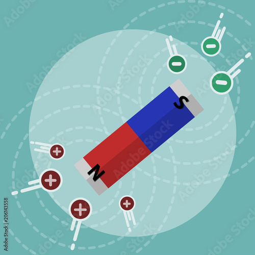 bar magnet with magnetic fields attracting charges flat style vector illustration