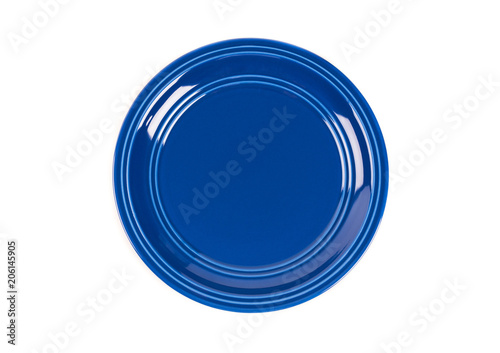 Blue plate isolated on white background. top view