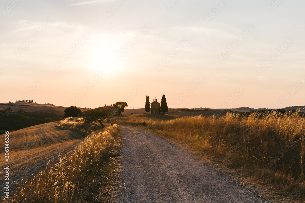 scenic view of beautiful Tuscany fields and empty road at sunset, Italy
