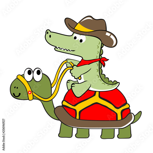 crocodile the cowboy ride on giant turtle, vector cartoon illustration