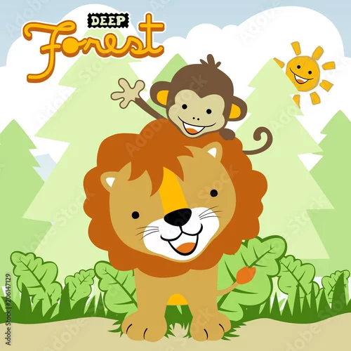 Obraz uśmiechnięty lew z małpką z lesie