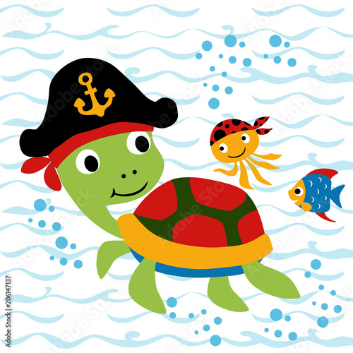 Vector cartoon of Turtle with little friends. Eps 10