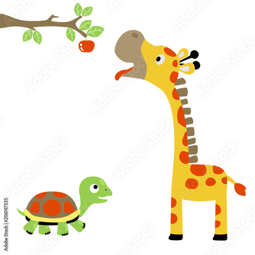 turtle and giraffe try to pick a fruit   vector cartoon illustration