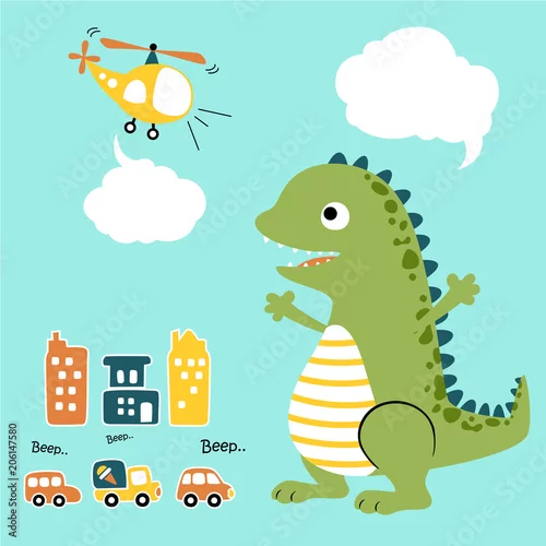 Obraz dinozaur, wśród aut, helikoptera i bloków