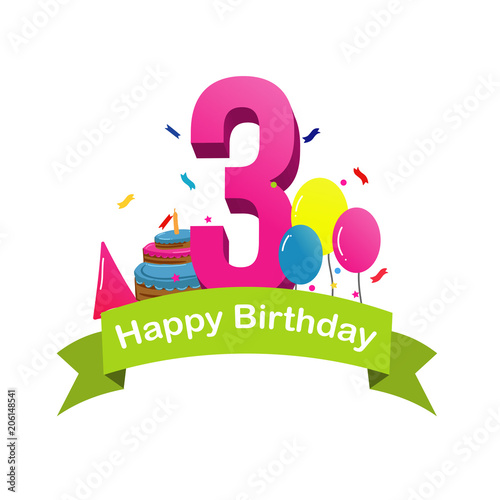 Happy third birthday card vector with cake and balloons