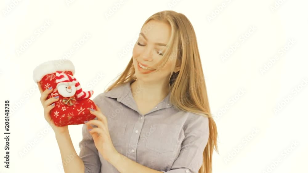 Young pretty girl, christmas gift, studio Young pretty girl, christmas gift, studio