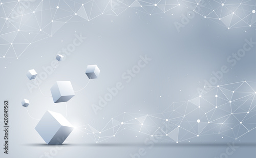 Cubes connecting to data sources, abstract geometric polygonal with connecting dots and lines. Science and Business technology background. Vector illustration.
