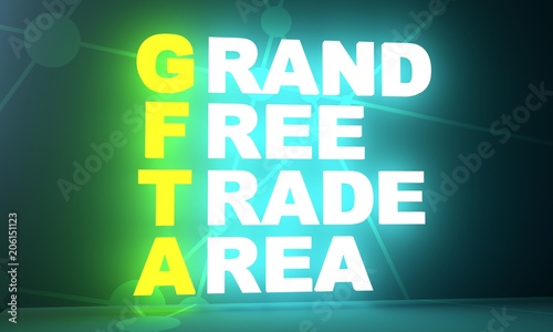 Acronym GFTA - Grand Free Trade Area. Business conceptual image. 3D rendering. Neon bulb illumination. Global teamwork. photo