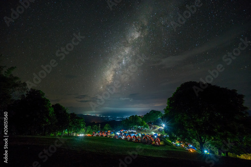 Camping site under milky way. View of the Milky Way galaxy at Doi Samer Dao - Sri Nan National Park, Nan, Thailand, night sky.