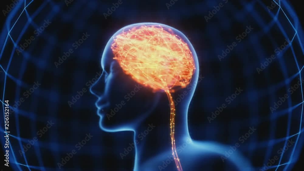 X-ray of the head and human brain in concept of neural connections and electrical pulses. Sparkles inside the brain. Powerful mind.