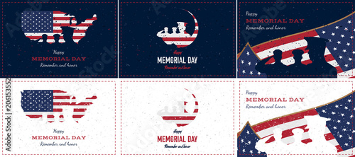Happy memorial day. Set vintage retro greeting card with flag and soldier with old-style texture. National American holiday event. Flat Vector illustration EPS10