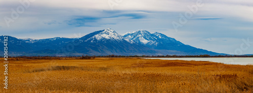 Wallpaper Mural Panoramic photo of lake, rushes, cloudy sky and mountains with snow on top Torontodigital.ca