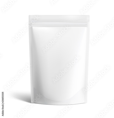 Food pouch bags isolated on white background. Vector illustration. Front view. Can be use for template your design, presentation, promo, ad. EPS10. photo