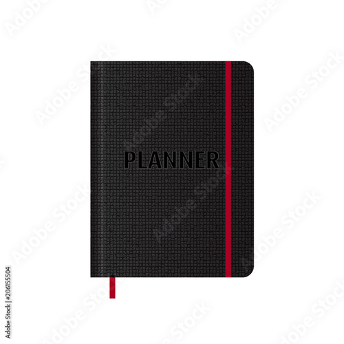 Realistic black leather planner book. Vector.