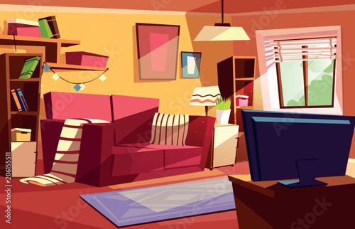 Living room vector illustration of modern or retro apartments interior. Vintage old comfortable furniture with plaid and pillow on sofa, bookshelf and TV at window and carpet on floor