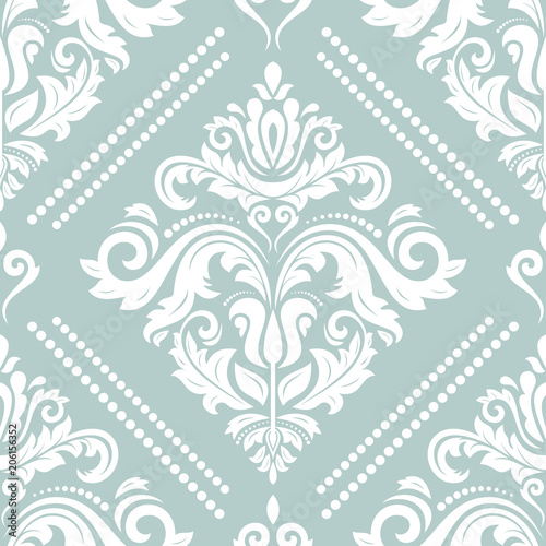 Classic seamless vector pattern. Damask orient ornament. Classic vintage light blue and white background. Orient ornament for fabric, wallpaper and packaging
