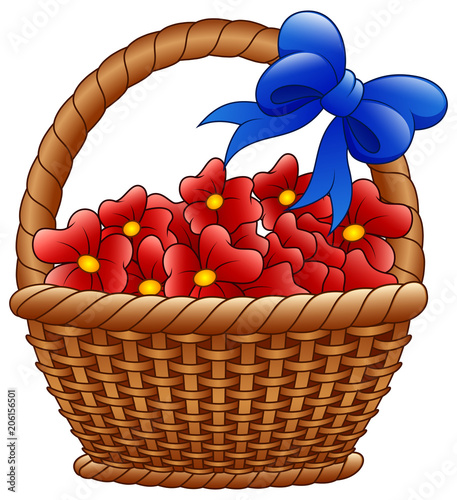 Wicker basket with red flowers and blue bows