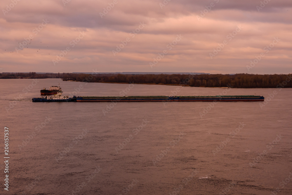 Big barge and ship on river Dnieper