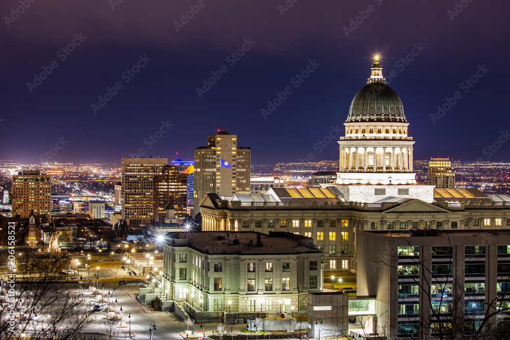 Downtown Salt Lake City, Utah night lights, Capitol building