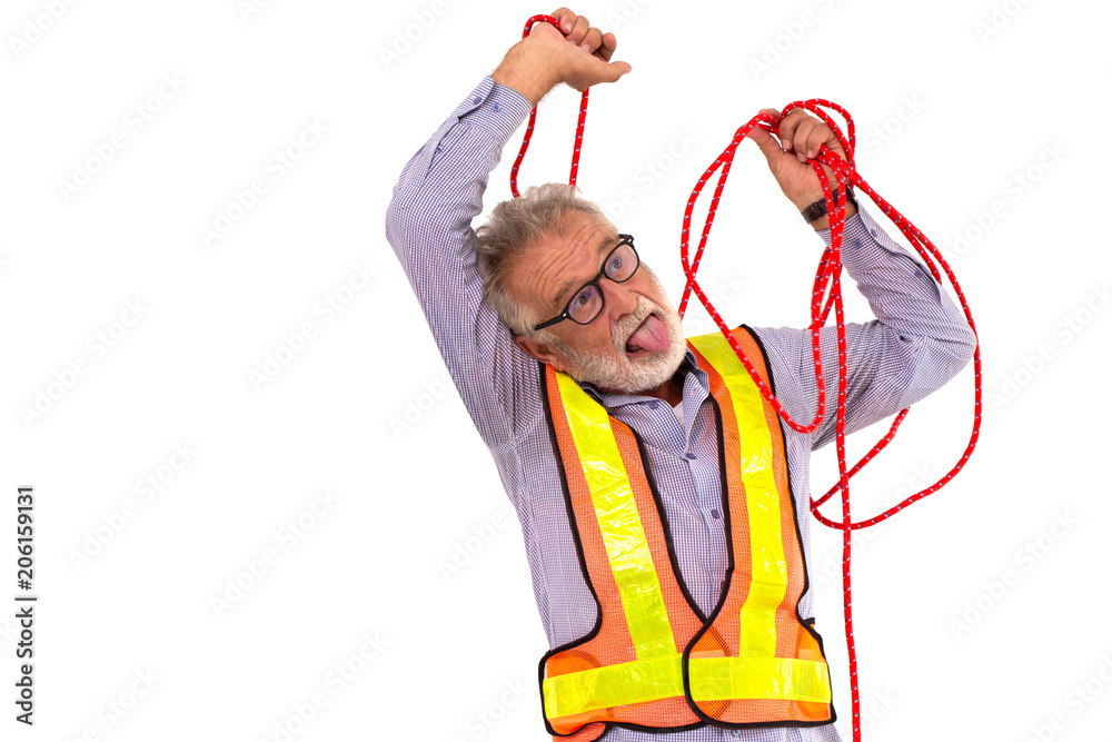 Funny senior engineer suicide rope. old man worker do self hanging dead  neck posture isolated on white. Stock-Foto | Adobe Stock