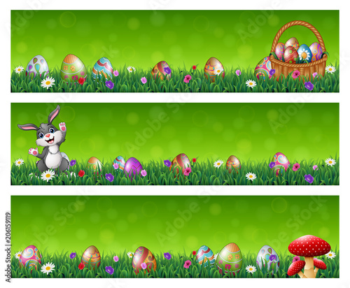 Easter three banners set with easter eggs, rabbit, basket and red mushroom in a grass field