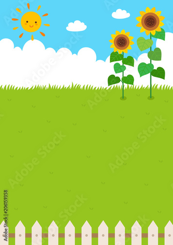 Cute sun and sunflowers. Summer background