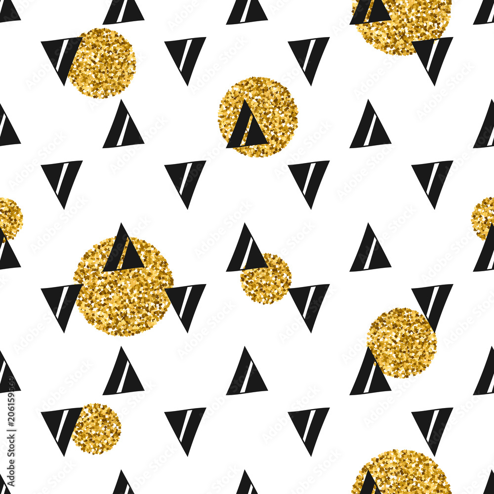 Triangles and golden circles, sequins. Seamless pattern. Geometric, abstract background. Doodle shapes.