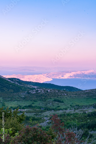 Beautiful landscape view of sunrise over islands in Croatia  viewed form the Velebit mountain