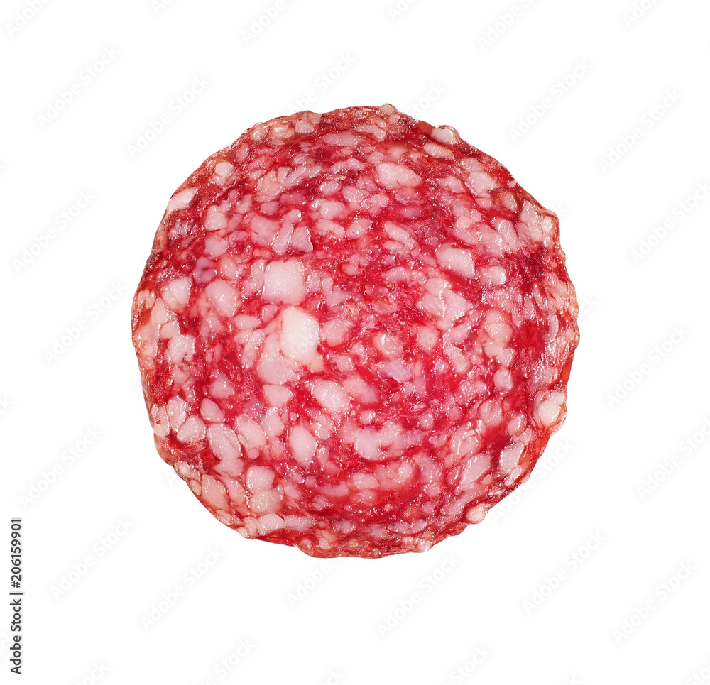 .Slices of salami. Isolated on a white background. sausage cut.uncooked smoked.. .Slices of salami. Isolated on a white background. sausage cut.uncooked smoked..