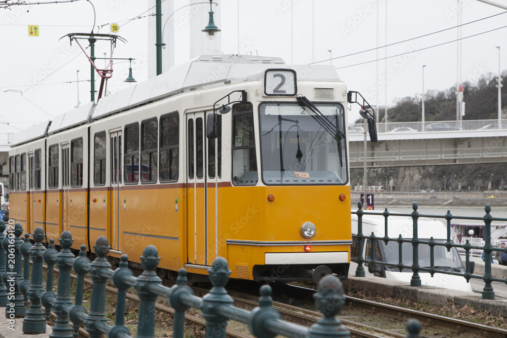 Tramway orange vintage. The famous, tram line 2 riding on the rails in the centre of Budapest, Hungary.