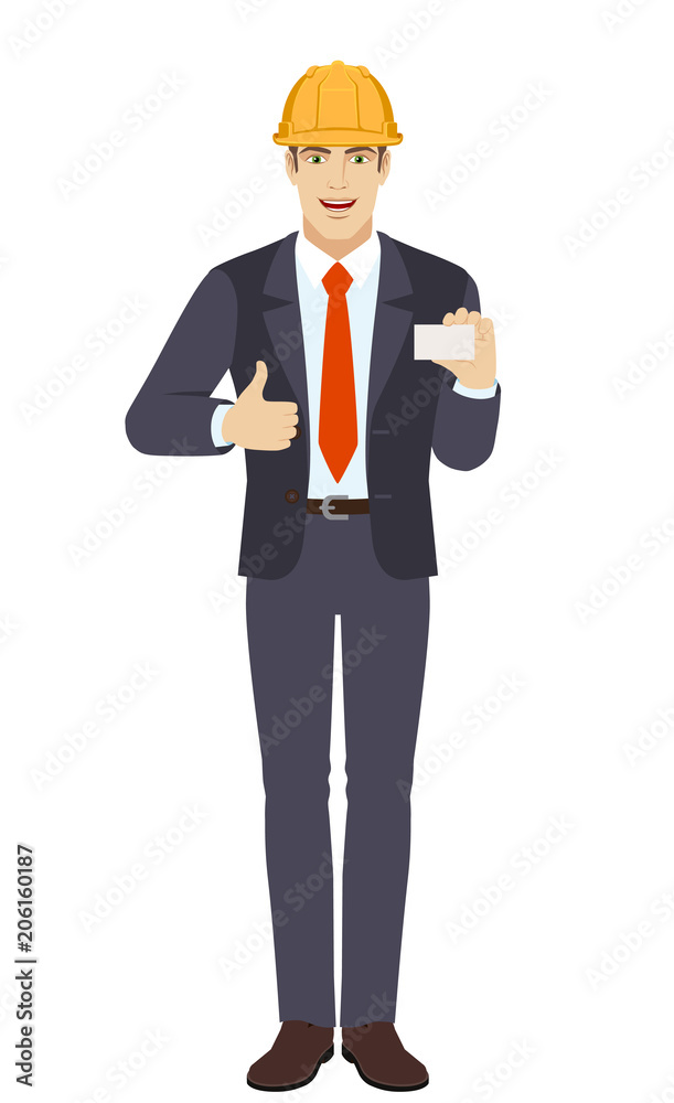 Businessman in construction helmet showing thumb up and showing the business card Businessman in construction helmet showing thumb up and showing the business card