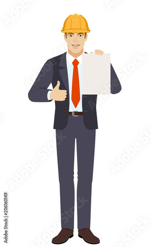 Businessman in construction helmet showing thumb up and showing the blank paper