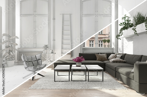 Contemporary living room area diagonal split tone