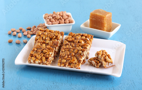 Chikki, an Indian traditional and popular sweet, is made from peanuts and jaggery.