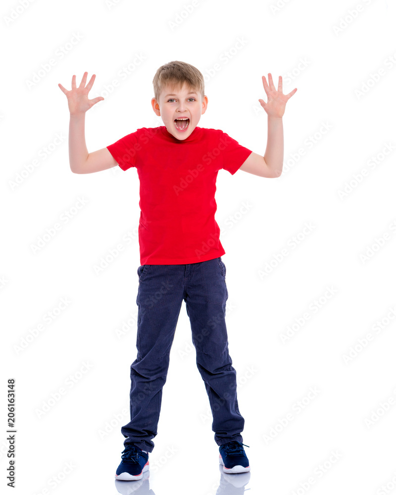 The little boy is emotionally waving his arms. The little boy is emotionally waving his arms.
