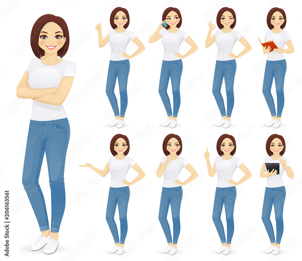 Woman in jeans set with different gestures isolated