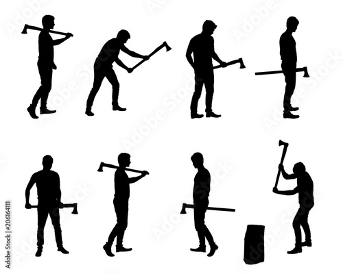 Set of realistic vector silhouettes of man with ax chopping wood