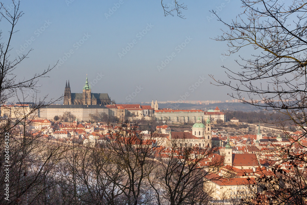 In winter, a view of the red roofs of Prague Castle