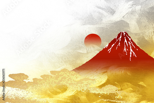 金箔の屏風を背景にした富士山
