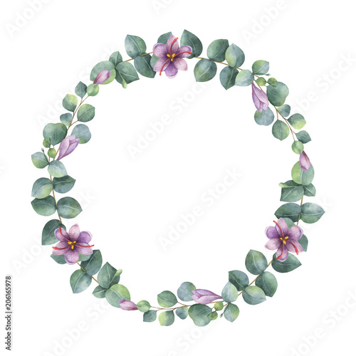 Watercolor vector wreath with green eucalyptus leaves, purple flowers and bra...