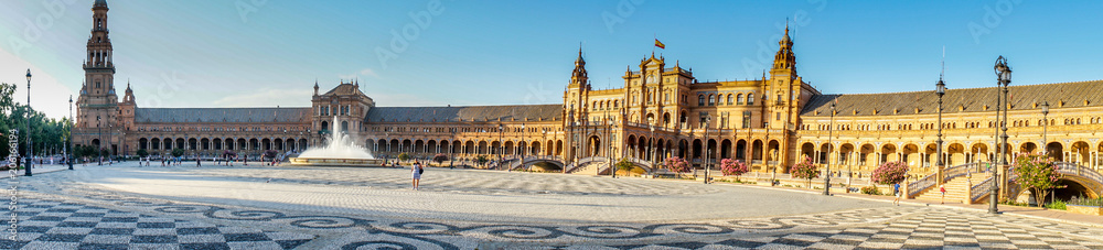 Spain, Seville, BUILDINGS IN CITY AGAINST CLEAR SKY in Plaza de Espana, panorama