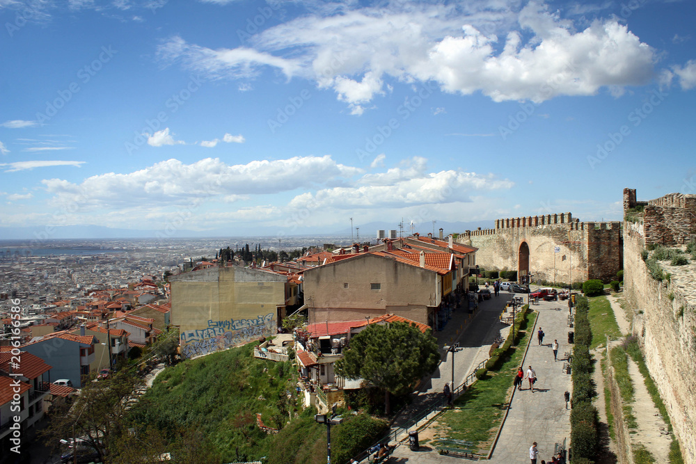 Ancient walls of Thessaloniki view, spring in Greece