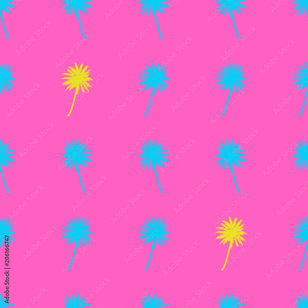 Palm trees seamless pattern. Tropical summer background. Yellow blue palm on pink background. Exotic seamless pattern with palm. Vector AI10 Palm trees seamless pattern. Tropical summer background. Yellow blue palm on pink background. Exotic seamless pattern with palm. Vector AI10