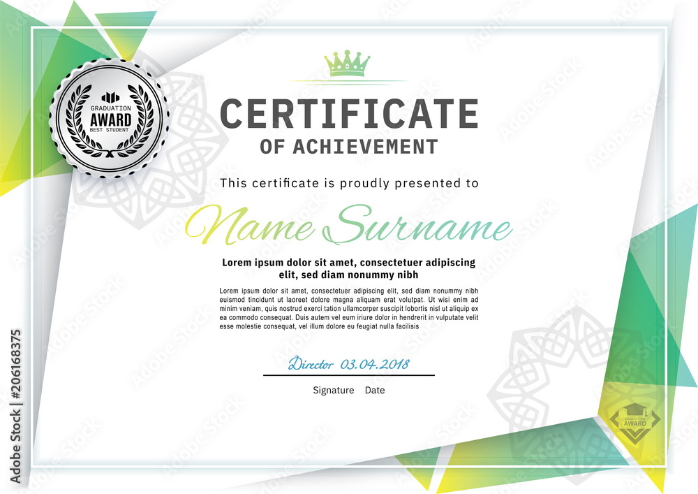 Fototapeta premium Official white certificate with green triangle design elements, ornate round element. Business clean modern design
