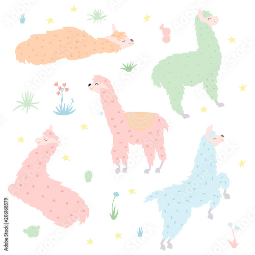 Vector set of llamas in pastel